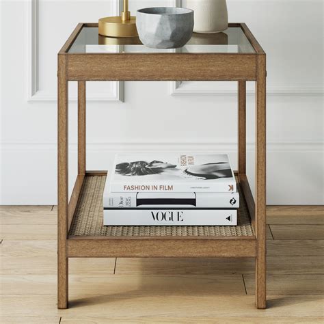 Boho Rustic Solid Wood Rattan Side End Table Glass Top | Nathan James
