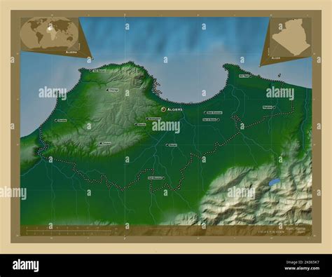 Alger, province of Algeria. Colored elevation map with lakes and rivers. Locations and names of ... - map of algeria with major cities