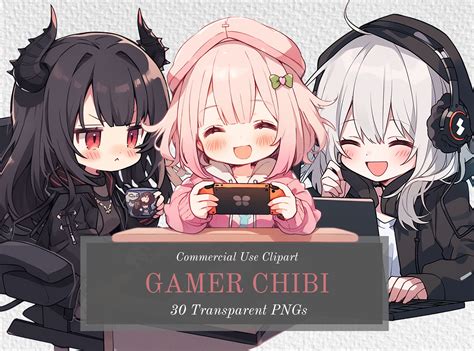 Chibi Anime Gamer Girls Clipart Bundle - Kawaii, Happy, Goth Streamer ...