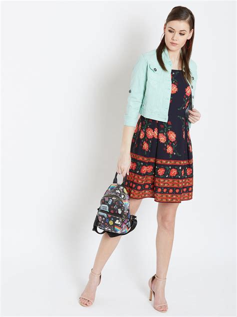 Berrylush Women Navy Blue & Orange Floral Printed Square Neck Flared F