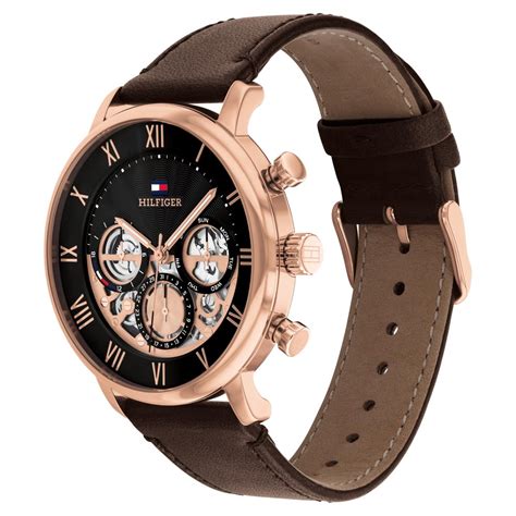 Buy Online Tommy Hilfiger Multifunction Black Dial Brown Leather Strap ...
