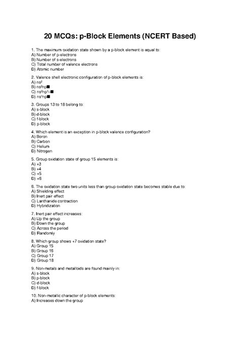 P Block Elements MCQs: Easy Notes (NCERT Based) - Studocu