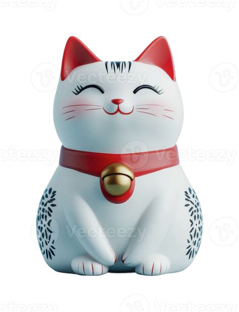 Japanese lucky maneki-neko cat figurine with red collar and bell, cut out 57901092 PNG