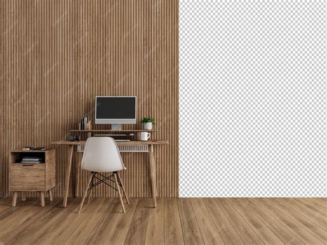 Modern home office with wooden desk and transparent background ...