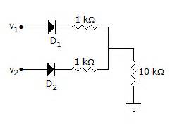 In figure v1 = 8 V and v2 = 4 V. Which diode will conduct?