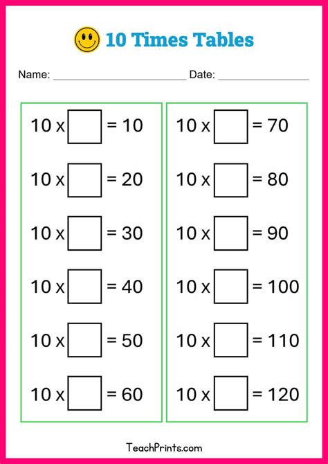 Free 10 Times Tables Worksheets (8 Versions) - Teach Prints