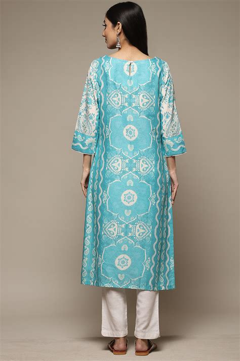 Blue Cotton Straight Printed Kurta