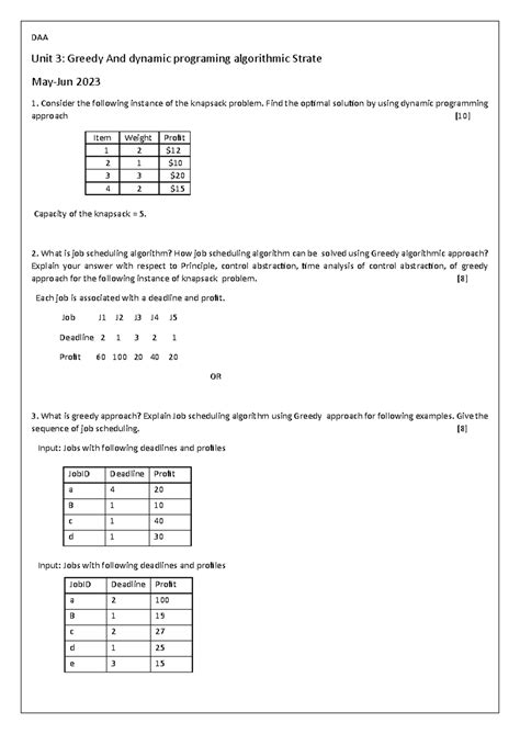 DAA - Previous Year Questions for Greedy & Dynamic Programming - Studocu