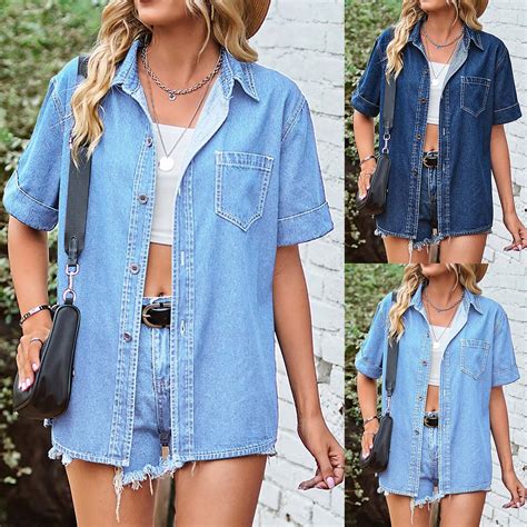 Inverlee Denim Shirts Women Plus Size Short Sleeve Tops Trendy Loose ...
