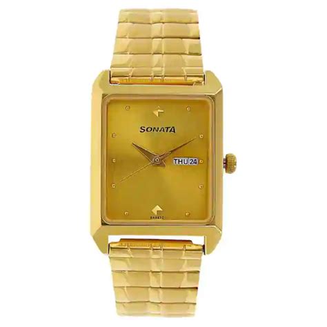 Sonata Champagne Dial Golden Stainless Steel Strap Watch NR7007YM05 ...