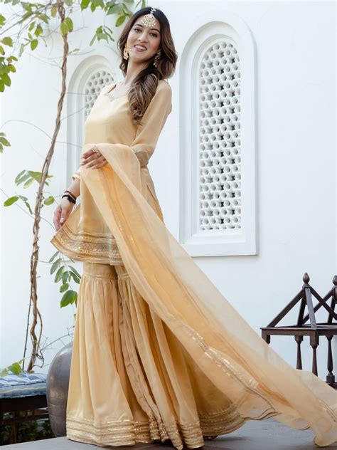 Beige Short Kurta Sharara Set