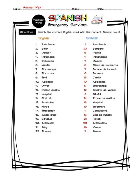 Spanish Emergency Services Vocabulary Matching Worksheet & Answer Key ...