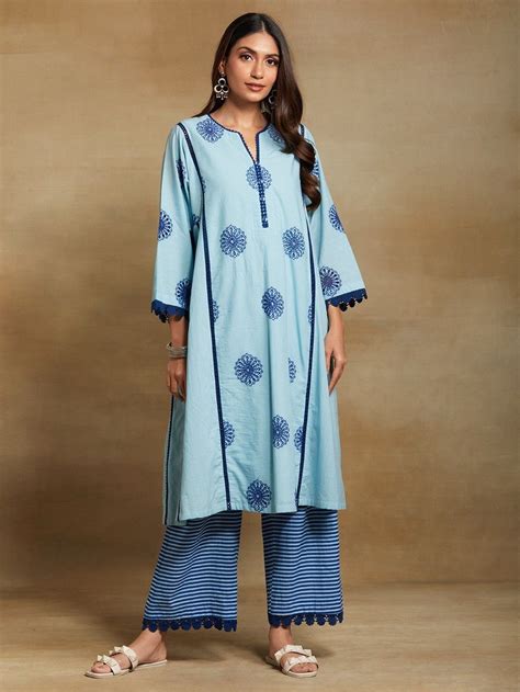 Buy Blue Embroidered Cotton Choga with Striped Pants- Set of 2 ...