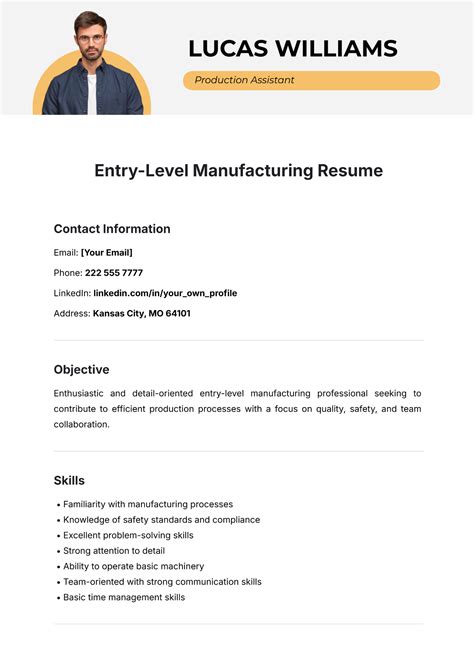 Free Entry-Level Manufacturing Resume Outline Template to Edit Online