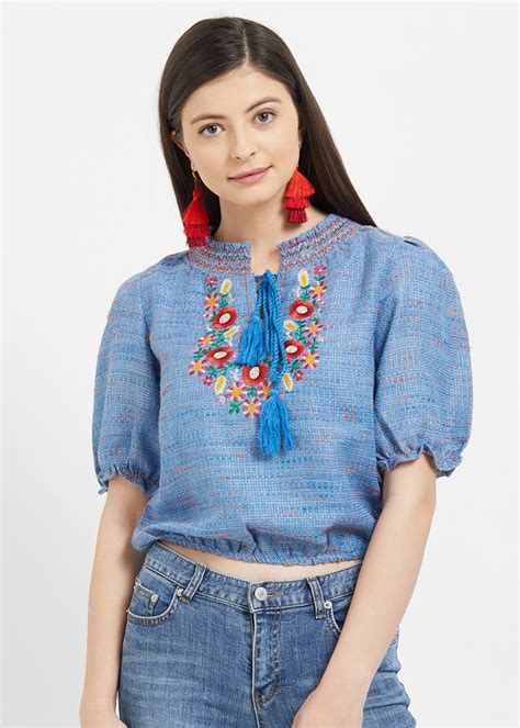 Get Embroidered Wowen Blue Crop Top at ₹ 675 | LBB Shop