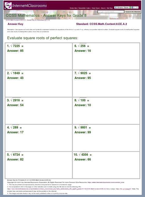 Answer Key Download - Worksheet #21119. CCSS.Math.Content.8.EE.A.2