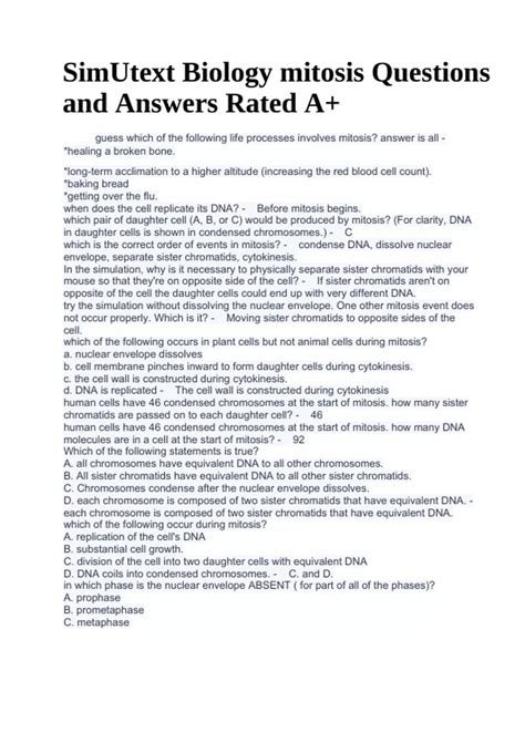 SimUtext Biology mitosis Questions and Answers Rated A+. - SimUtext ...