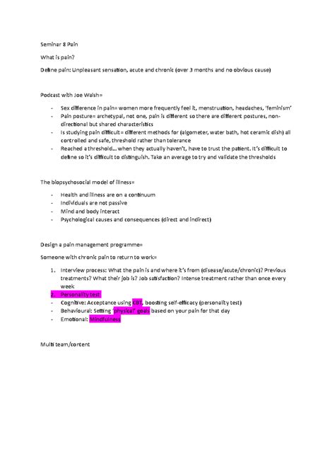 Seminar 8 Pain - Tutorial on pain - Seminar 8 Pain What is pain? Define pain: Unpleasant ...