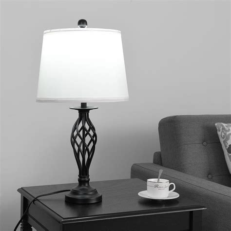 Gymax 3-Piece Lamp Set 2 Table Lamps 1 Floor Lamp Fabric Shades Living ...