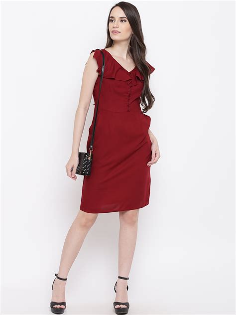 Buy Front loop button pencil dress in Maroon for Women