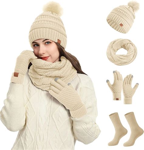 Winter Warm Knitted Sets Knit Pompom Hat Scarves Touchscreen Gloves ...