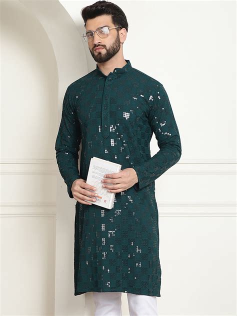 Men's Cotton Embroidered Sequinned Green Long Kurta – Sojanya