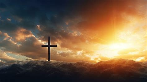 Empty cross of Jesus Christ over dramatic sunrise sky panorama with ...