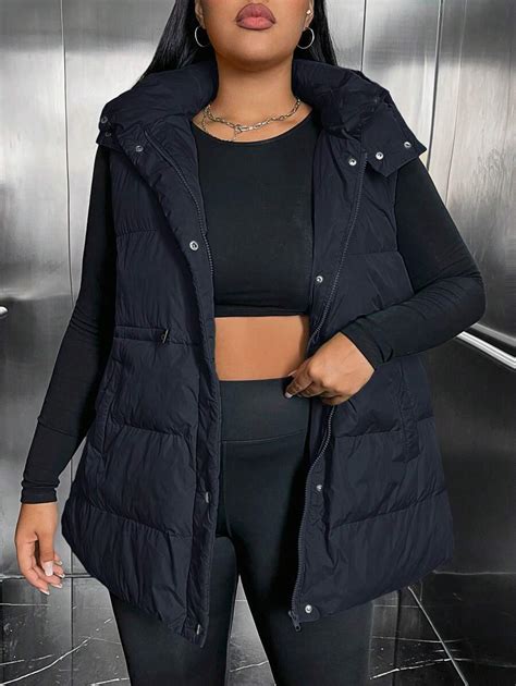 SHEIN EZwear Plus Size Casual Zip Front Drawstring Waist Padded Vest ...