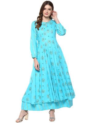 Buy Idalia Printed Aqua Anarkali Kurta Online