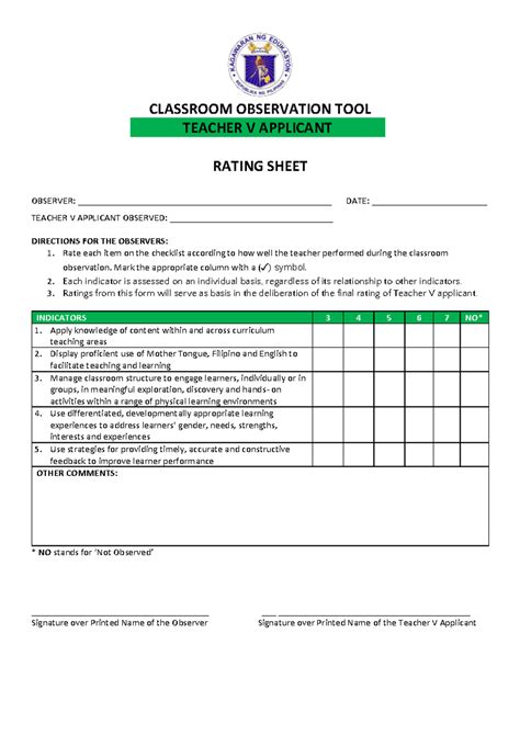 COT Rating Sheet for Teacher V Applicant Evaluation - Studocu