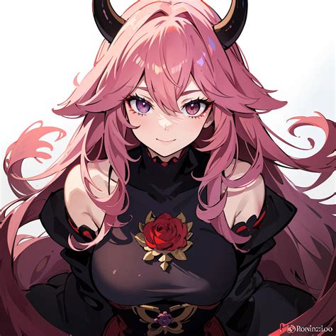 Anime girl with horns and a rose in her hair - SeaArt AI