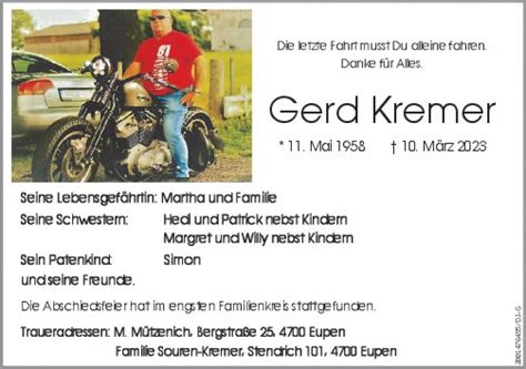 Herr Kremer Gerd - Sterbefälle - GrenzEcho