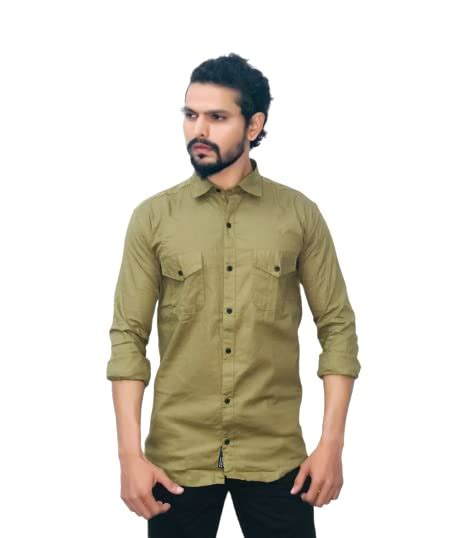 BEVIRAL Cotton Shirt for Men, Casual Solid Heena Green Shirts with ...