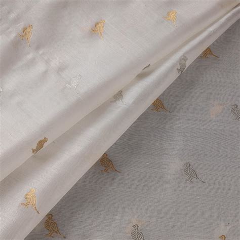 White Handloom Zari Buti Pure Chanderi Silk Fabric