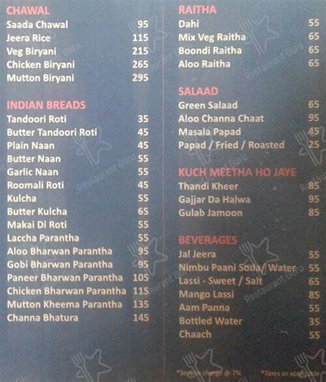 Menu at Nanak, Bengaluru