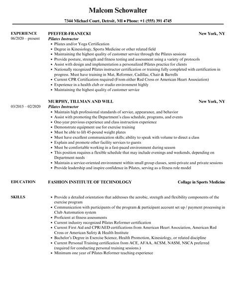 Pilates Instructor Resume Samples | Velvet Jobs