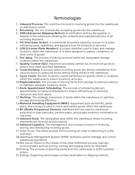 Terminologies 1 - Terminologies Inbound Process: The workflow involved ...