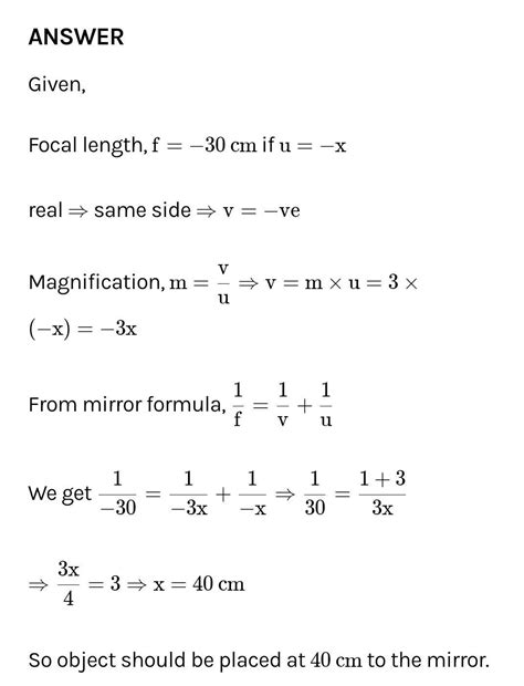 The focal length of a spherical mirror is 30 cm. an object placed in ...