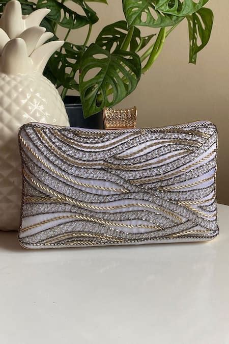 Buy White Sequins, Beads Rectangle Embellished Clasp Clutch by Stitched ...