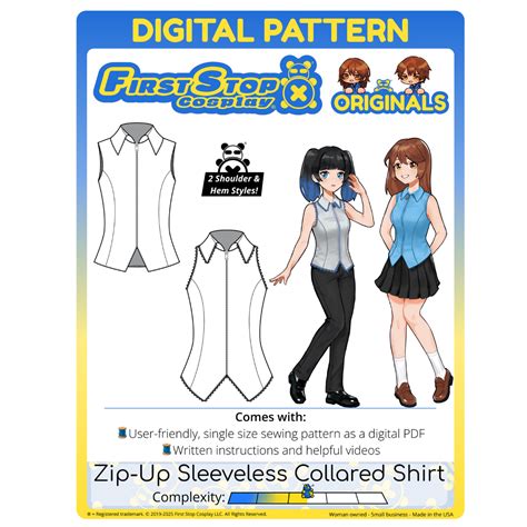 FSCO® DIGITAL Customizable Zip-Up Sleeveless Collared Shirt Sewing Pat ...