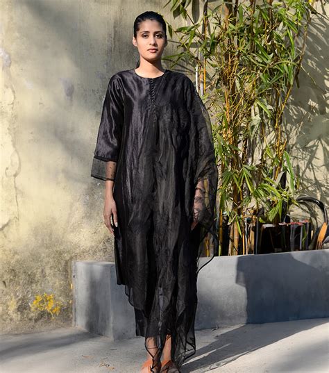 Black Silk Kurta Set with Organza Dupatta – Tulsi Online