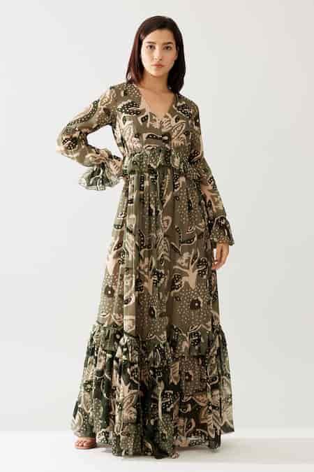 Buy Green Chiffon V-neck Floral Print Frilled Maxi Dress For Women by ...