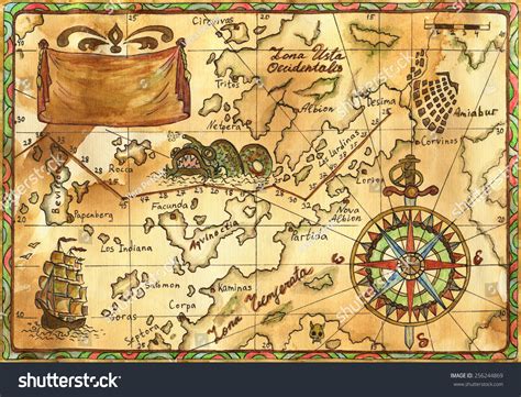 Hand Drawn Illustration Of Old Pirate Map With Continents And Islands ...