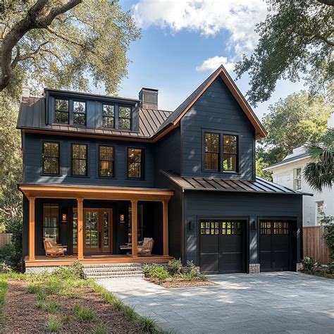 Modern cottage style mountain house facade with navy blue with gray ...