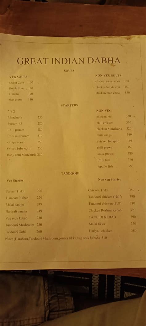 Menu at Dabha, Kakinada