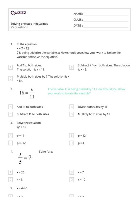 50+ One-Step Inequalities worksheets for 5th Class on Quizizz | Free ...