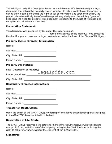 Michigan Lady Bird Deed Template — Printable PDF Form