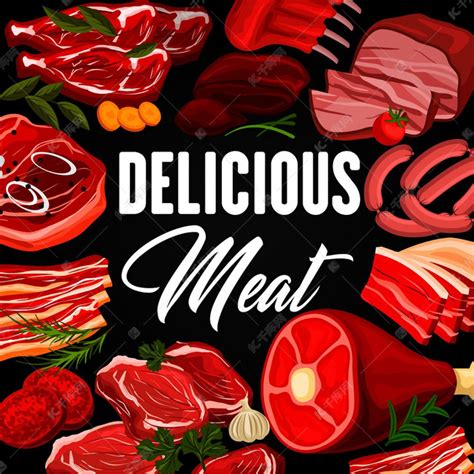 肉类产品市场或肉店海报，配以生牛肉片和牛排、猪肉培根和里脊肉或排骨、羊排骨、牛排和 t 骨牛腰肉、肉片和绿色载体。素材图片免费下载-千库网