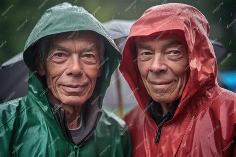 Premium Photo | Two men wearing raincoats outside in the pouring rain
