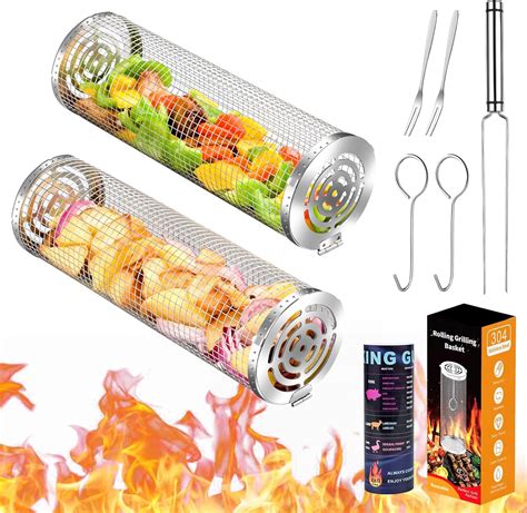 Amazon.com: Grill Baskets for Outdoor Grill, Rolling Grilling Baskets ...